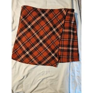 GB Womens Skirt XL Plaid Orange & Black Warm Partial Wrap Around 1/4 Zip